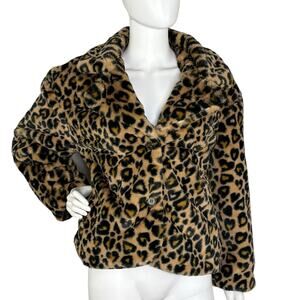 NWT Womens Faux Fur Coat Leopard Animal Print Cropped Jacket Glam Mob Wife Sz S